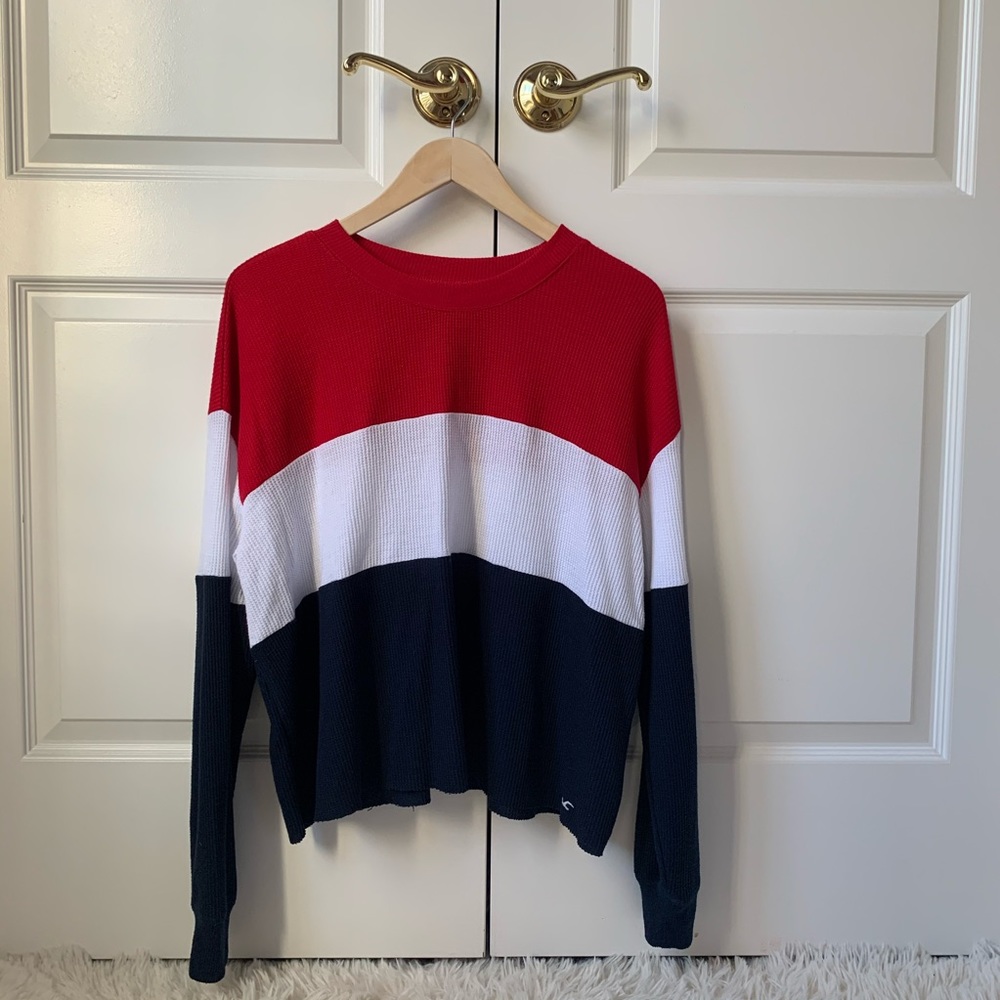 Hollister cropped red white blue waffle crew neck
